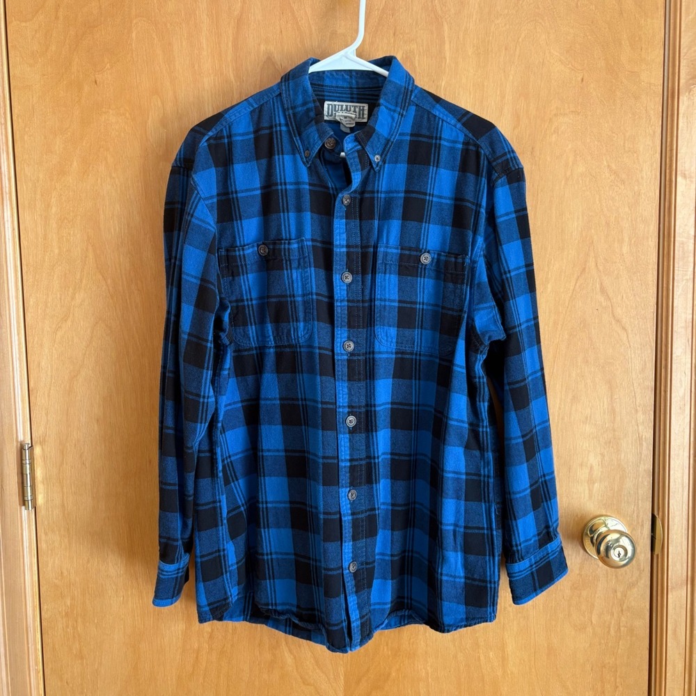 Duluth Trading Co Flannel‎ Shirt Mens Medium Blue Black Buffalo Plaid Cotton